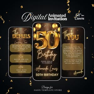 Digital 50th birthday invitation, Gold Party invite, Animated video evite, Editable invitation template, Fift invitate, Message text invite