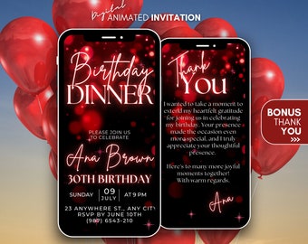 Birthday Dinner video invitation, Red glitter Dinner invitation, Phone invitation, Dinner Digital invitation, animated template invite