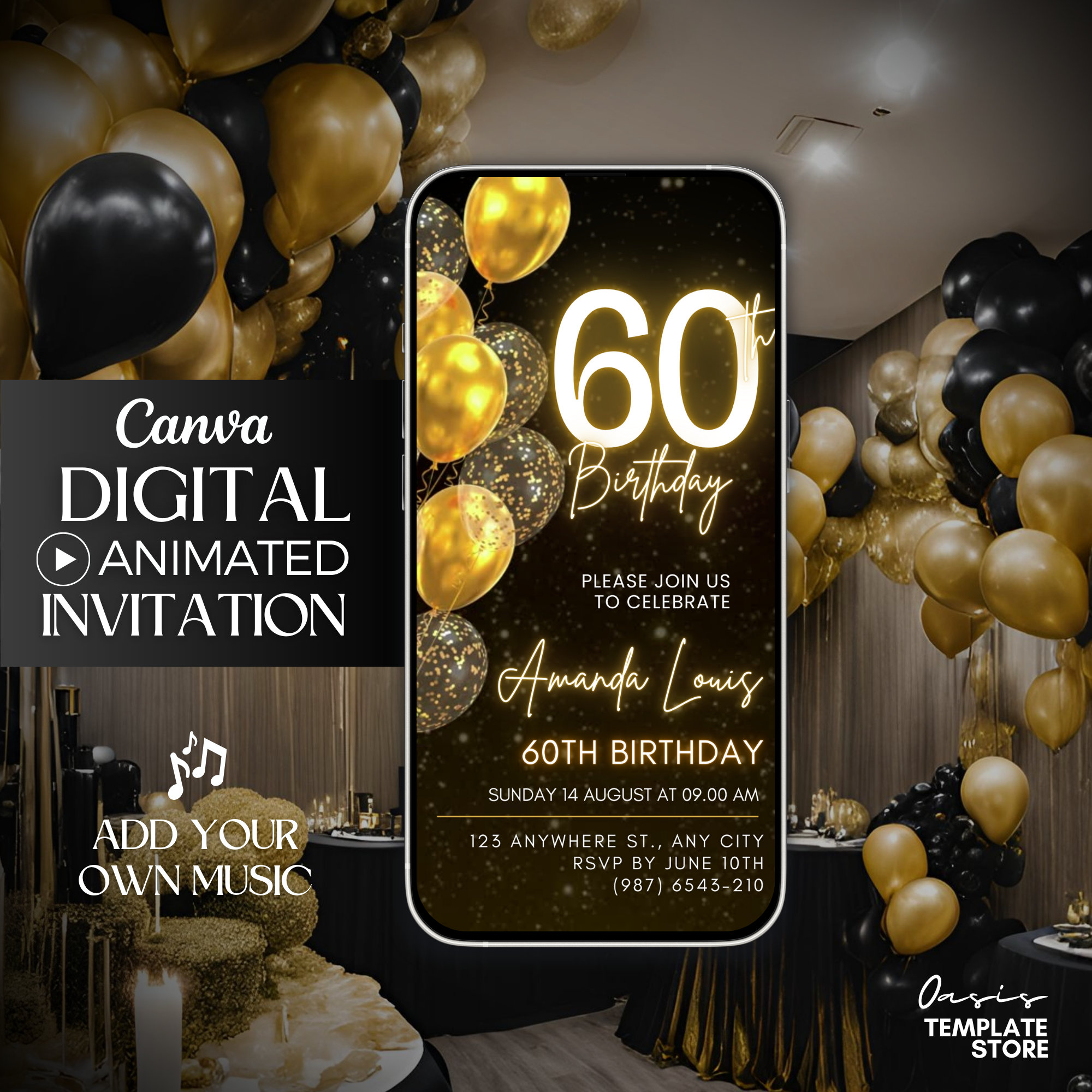 Digital Sixty 60th Birthday video Invitation, 60th animated invitation, 60th editable invitation party, Gold Balloons Glitter Invitation