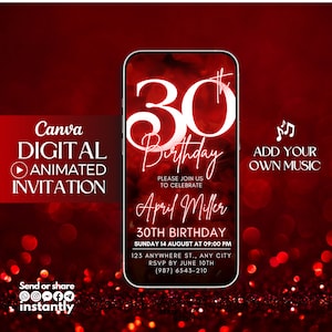 Invitación en video para el 30.° cumpleaños, invitación digital con purpurina roja, invitación animada, plantilla de invitación digital para el 30.° cumpleaños, invitación para la fiesta del 30.° cumpleaños