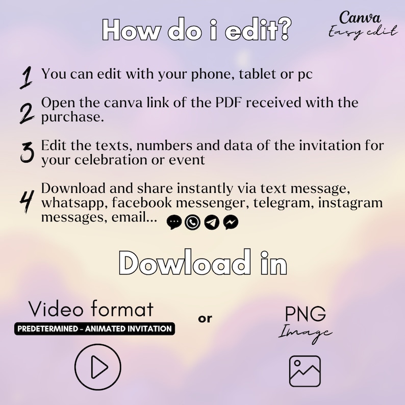 May include: An infographic with instructions on how to edit a Canva invitation. The text includes steps to edit on a phone, tablet, or PC, open a Canva link, edit text, and download in video or PNG format. The background is a gradient of purple and yellow.