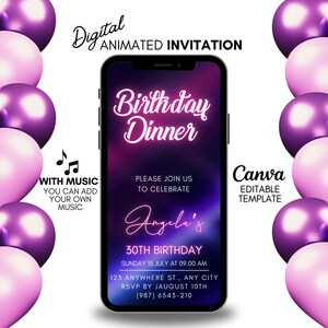 Editable Birthday Dinner Invitation, Digital Dinner invitation, Pink Dinner evite, dinner editable template, Dinner party digital invitation