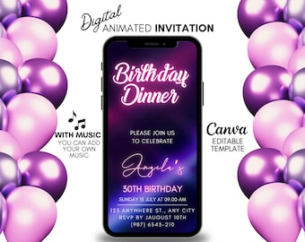 Editable Birthday Dinner Invitation, Digital Dinner invitation, Pink Dinner evite, dinner editable template, Dinner party digital invitation