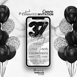 Digital 37th Birthday Invitation, White mobile invite, editable Party evite, custom animated invitation template, canva birthday invitation