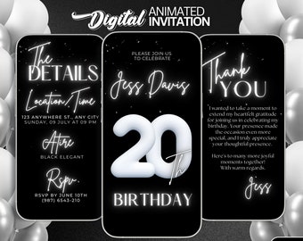 Twenty 20th Birthday Digital video Invitation, Elegant Black and White Balloon Invitation Template, Message text evite, 20th Party invite