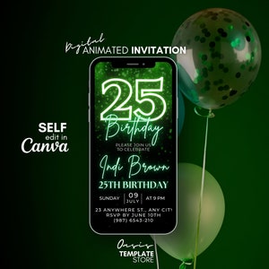 25th Birthday video invitation, Green glitter invitation, phone text evite, 25th Digital invitation, 25th animated template invite