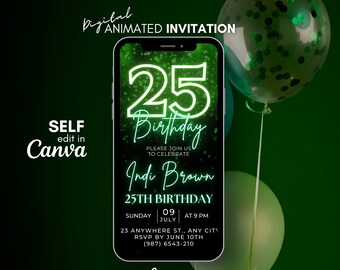 25th Birthday video invitation, Green glitter invitation, phone text evite, 25th Digital invitation, 25th animated template invite