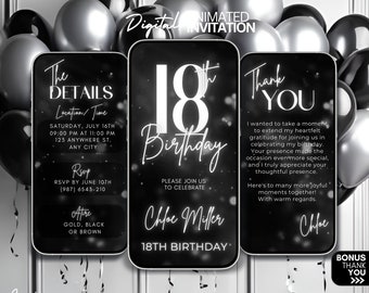 Invito video per il 18° compleanno, invito digitale glitterato argento per il 18° compleanno, invito mobile modificabile, modello di invito digitale, invito per il 18° compleanno