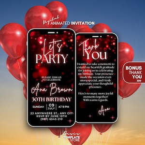 Birthday Party video invitation, Red glitter invitation, Let&#39;s party invitation, Party Digital invitation, animated template invite