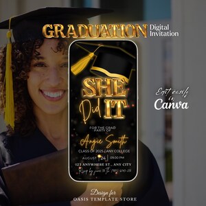 Gold She Did It Graduation Einladung, Digital Grad Party einladen, moderne College Gold Graduierung Ankündigung, Graduate Vorlage evite