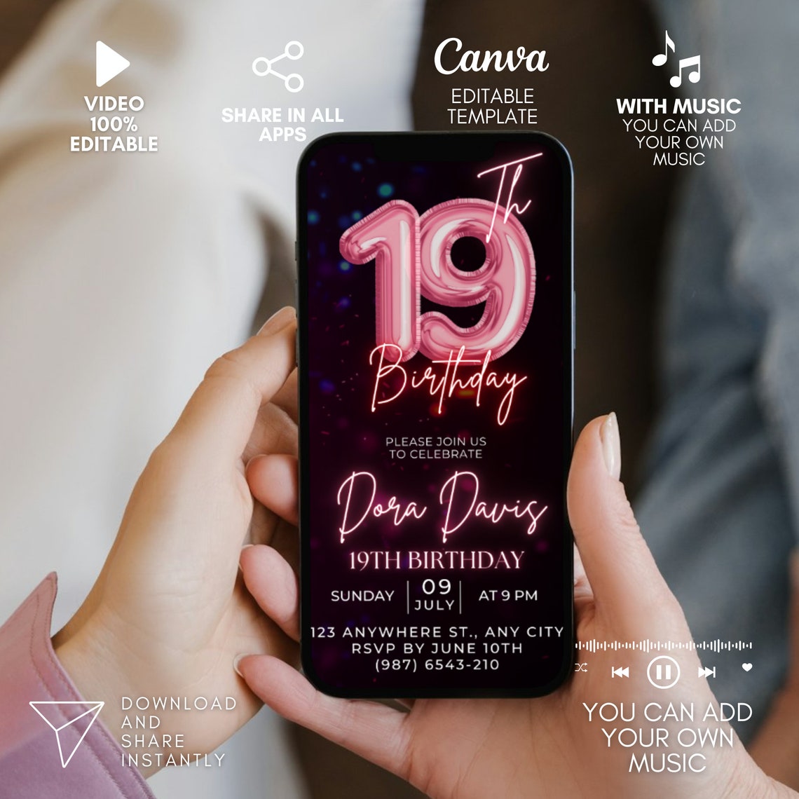 Digital 19th Birthday Invitation, Pink Balloons Nineteen Video Invite ...