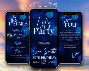May include: A digital animated invitation for a 30th birthday party. The invitation features a blue and black color scheme with a blurred background of blue circles. The text "Let's Party" is in white and the text "Luna Smith 30th Birthday" is in white with a blue outline. The invitation includes the date, time, and location of the party. The text "Thank You" is in white with a blue outline and the text "Here's to many more joyful moments together! With warm regards." is in white.