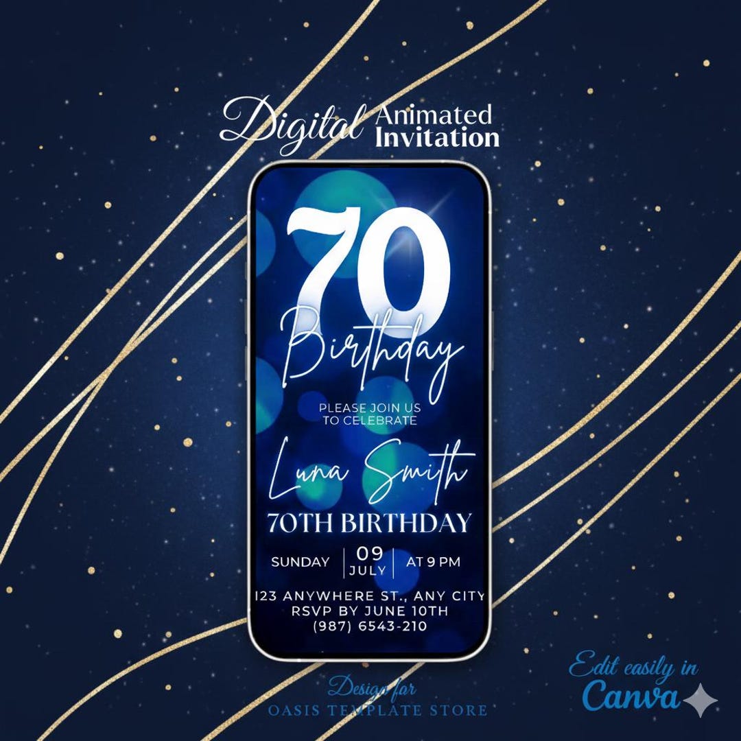 70th Digital Invitation, 70th Mobile Birthday Invite, Blue Glitter ...