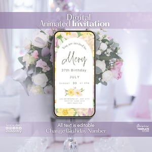Digital 37th Birthday Invitation, 37th Floral video Invitation, 37th Digital invitation, Canva editable birthday template, 37th invitation