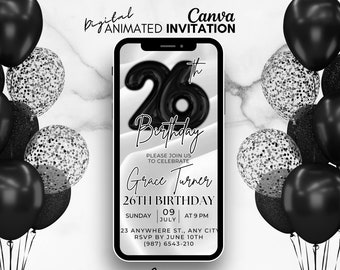 Digital 26th Birthday Invitation, Black balloons Invitation, Mobile Party invitation, Editable birthday template, 26th party invitation
