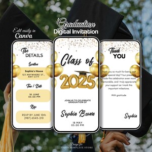 Invitación de graduación editable de la clase de 2025, invitación a la fiesta de graduación, anuncio de graduación, despedida de la fiesta de graduación dorada, invitación digital de la clase