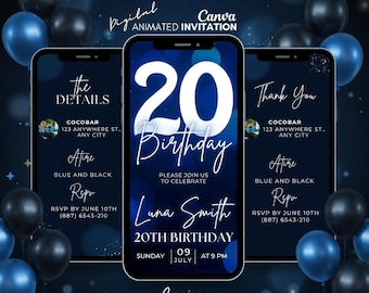 Animated 20th Birthday Invitation, Blue Galaxy Digital Invite, Starry Night Party, Canva Template, Send via WhatsApp, Instant Download