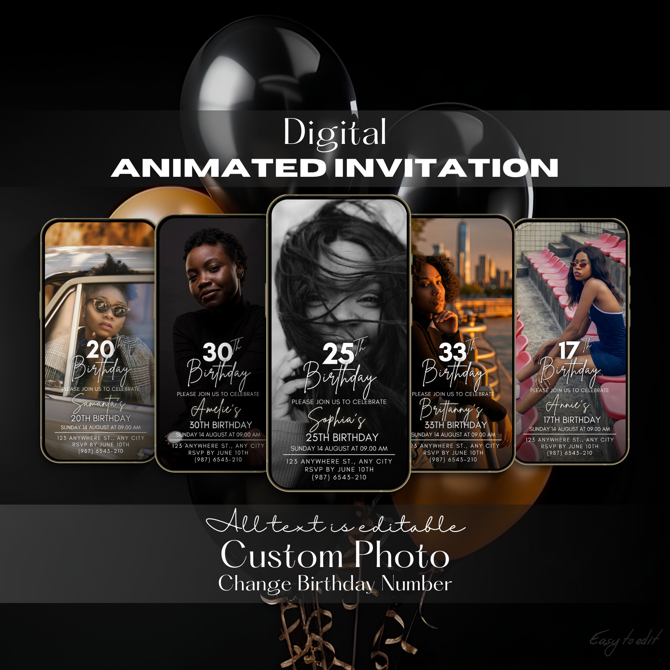 Custom photo digital invitation, Digital Birthday video invitation, Party invitation, Editable invitation, Mobile invitation, Text evite