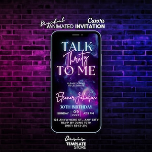 Könnte beinhalten: Eine digitale Geburtstagseinladung mit einem neongelben und blauen Design. Die Einladung zeigt einen Smartphone-Bildschirm mit dem Text "Talk Thirty To Me" und einem Galaxie-Hintergrund. Der Text "Eleonor Johnson 30th Birthday" ist ebenfalls enthalten.
