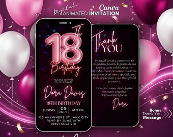 18th Birthday Video Invitation, Canva Template Editable Digital, Animated Pink Balloon Girls Eighteen Birthday Invite Instant Download