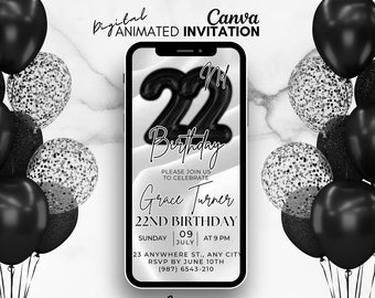 Digital 22nd Birthday Invitation, Black balloons Invitation, Mobile Party invitation, 22nd Editable birthday template, 22nd party invitation