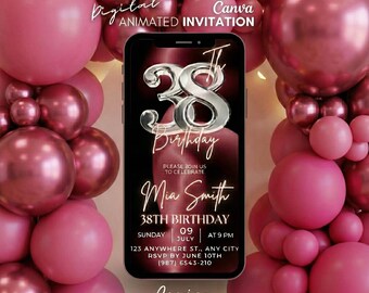 Animated 38th Birthday Invitation, Pink and Silver Balloons, Digital 38 Birthday Video Invite, Editable Canva Template, Text Evite
