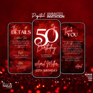 Può includere: Un invito digitale animato per un 50° compleanno. L'invito presenta uno sfondo rosso con un numero 50 bianco e il testo "50° compleanno". L'invito include anche i dettagli della festa, come la data, l'ora e il luogo. Il testo "Grazie" è incluso anche con un messaggio di ringraziamento.
