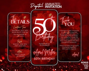 50th Birthday video Invitation, 50th Red Glitter Digital Invitation, animated invite, 50th digital invitation template, 50th fifty invite