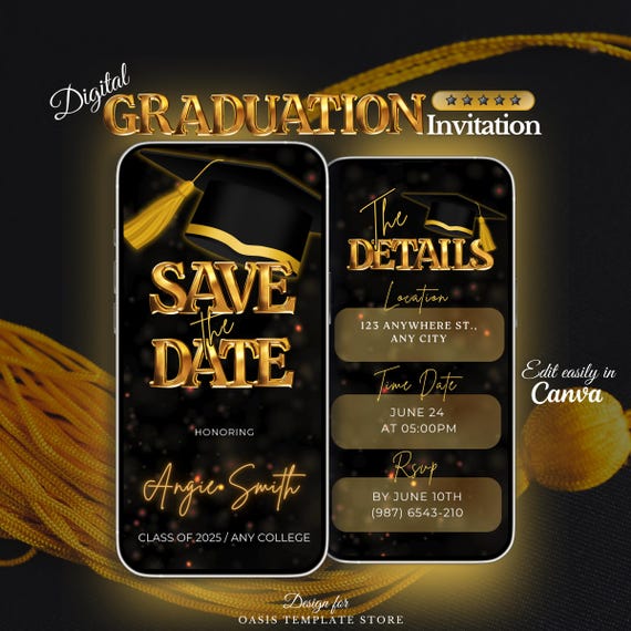 Gold Digital Graduation Save The Date Invite, Graduation 2026 Announcement, Editable Graduate Invitation Template, School Grad Party Evite
