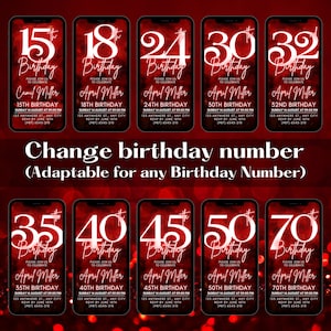 May include: A set of ten digital phone screen mockups with a red and black background. Each mockup features a birthday invitation with a large white number, the text "Birthday", and the name "April Miller". The numbers range from 15 to 70.