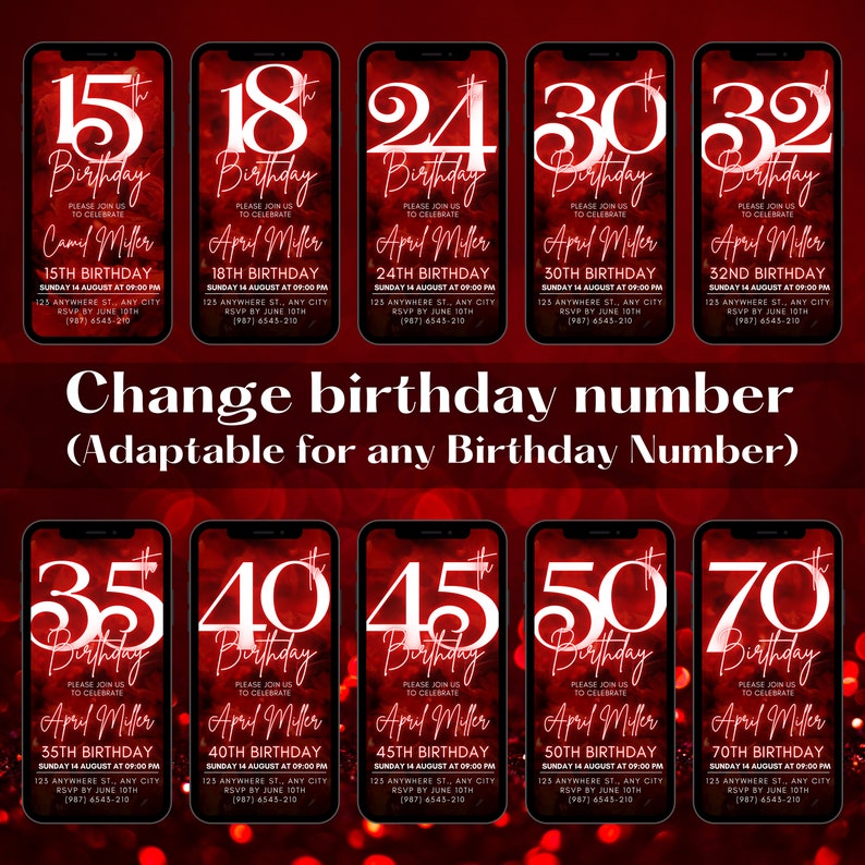 May include: A set of ten digital phone screen mockups with a red and black background. Each mockup features a birthday invitation with a large white number, the text "Birthday", and the name "April Miller". The numbers range from 15 to 70.