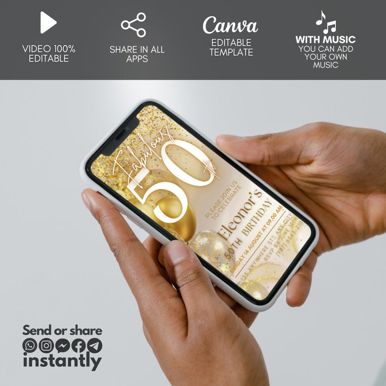 May include: A smartphone displays a digital invitation for a 50th birthday celebration. The design features gold accents, balloons, and the text "Fabulous 50." The invitation includes event details and the option to share instantly.
