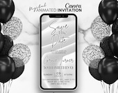 Digital Save the date Birthday Invitation, Black balloons Invite, Mobile Party invitation, Editable birthday template, Save the date invite