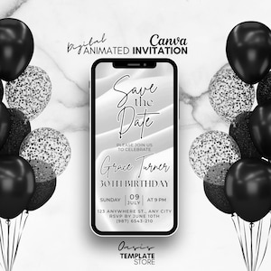 Digital Save the date Birthday Invitation, Black balloons Invite, Mobile Party invitation, Editable birthday template, Save the date invite