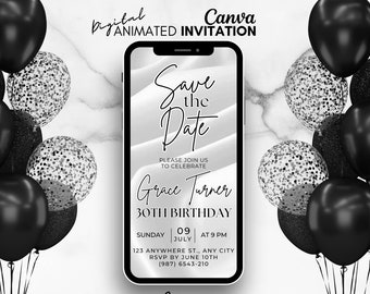 Digital Save the date Birthday Invitation, Black balloons Invite, Mobile Party invitation, Editable birthday template, Save the date invite