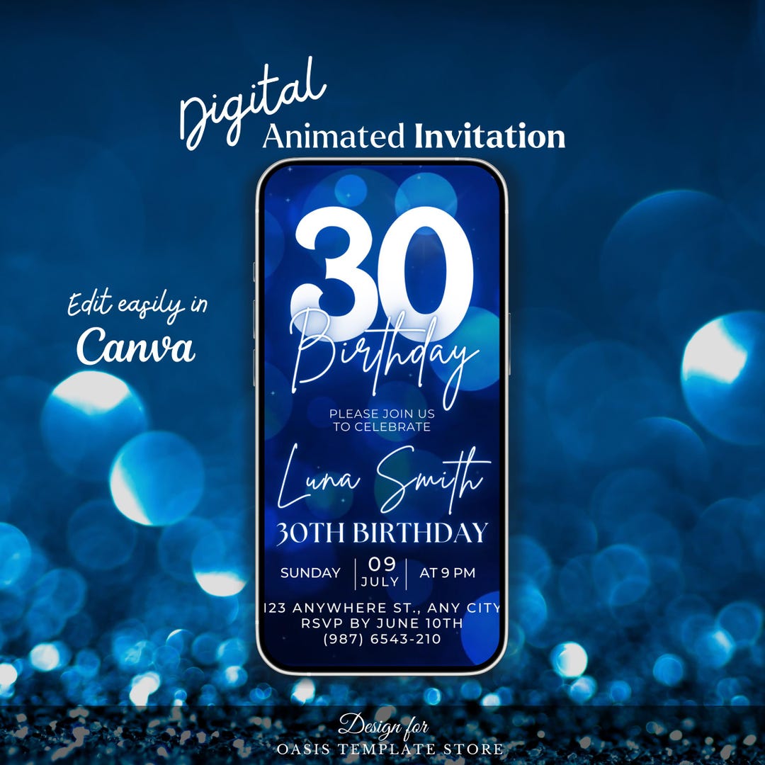 Digital 30th Birthday Invitation, Thirty Video Invitation, Blue Glitter ...