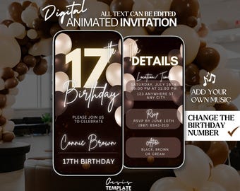 Seventeen 17th Birthday Invite, Editable 17th Invitation, Custom mobile evite, Brown party invitation template, Seventeen party celebration