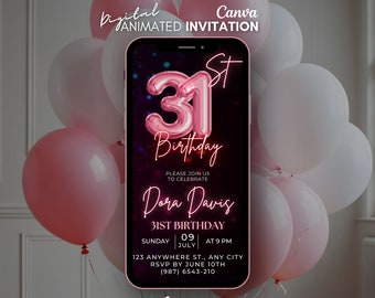 Digital 31st Birthday Invitation, Pink balloons video Invitation, Mobile animated invite editable, birthday template, 31st invitation