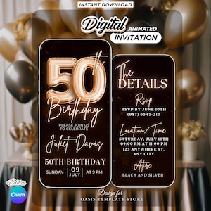 Fifty 50th Birthday Invitation, 50th Gold Digital Invite, mobile party invitation template, 50th canva birthday invite, 50th evite