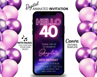 Hello 40th Birthday Video Invitation, Pink Purple Animated Digital Party Evite, Editable Mobile Template for Women, Custom Canva Invite
