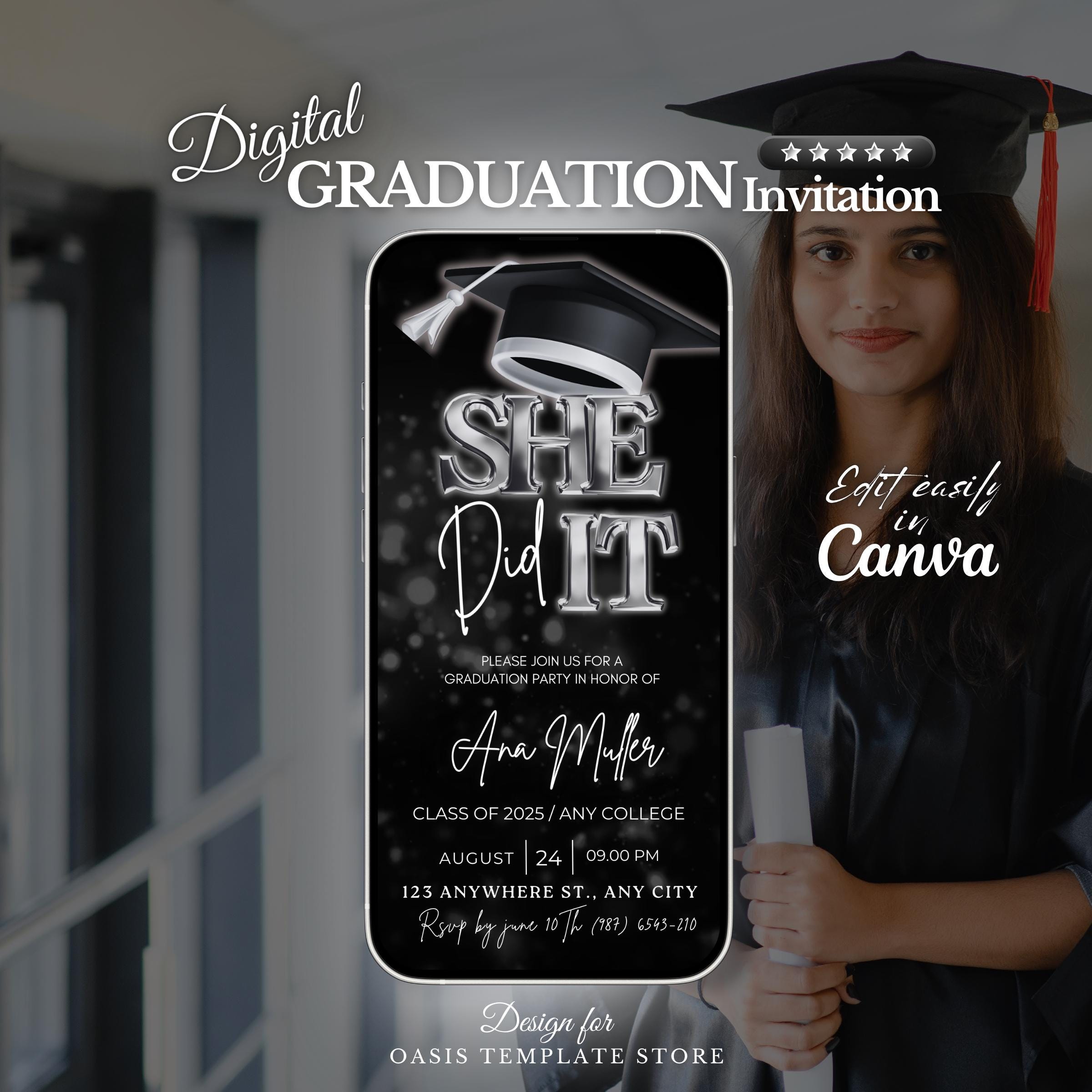 彼女はそれをデジタル卒業式招待状、彼女はそれを卒業パーティー招待状、大学卒業発表、彼女はそれを編集可能なテンプレート - Etsy 日本, image size:2400x2400