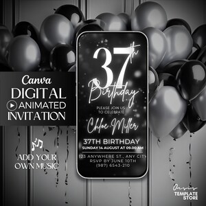 37th Birthday video Invitation, Silver Glitter Digital Invitation, 37th party invite, digital invitation template, 37th birthday invitation