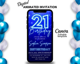 Invito per il 21° compleanno in blu neon, invito video per smartphone, estetica Glow Party, invito digitale con download immediato, modello Canva personalizzato fai da te