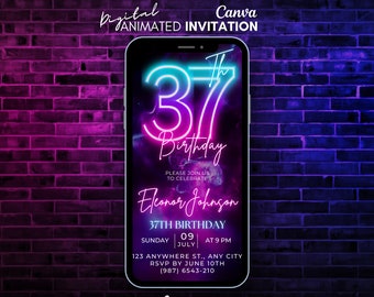 Digital thirty seven 37th Birthday Invitation, Neon Pink video Invitation, Party Animated invitation, Message Text evite, 37th invitation