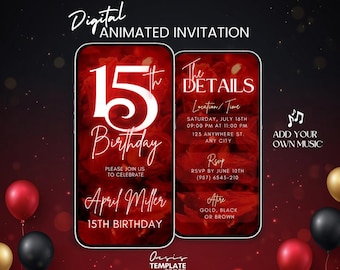 Digital Invitation Fifteenth Birthday, Elegant Ruby Red Flowers, Animated Video Card, Editable Template, Music Audio Invite, red card evite