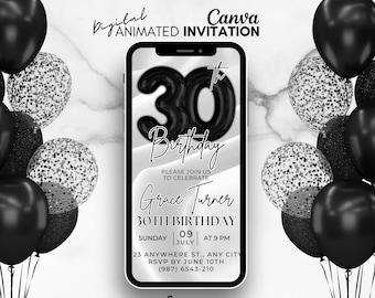 30e digitale verjaardagsuitnodiging, zwarte ballonnen uitnodiging, uitnodiging voor dertig mobiele feest, bewerkbare verjaardagssjabloon, uitnodiging 30e feest