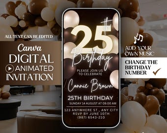Editable 25th Invitation template, Brown and cream 25th Digital Invitation,  25th birthday invite, 25th party evite, canva invitation design