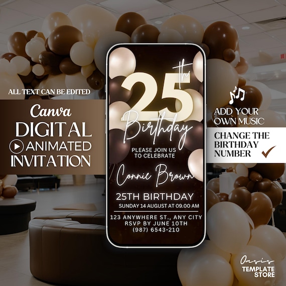 Editable 25th Invitation template, Brown and cream 25th Digital Invitation,  25th birthday invite, 25th party evite, canva invitation design
