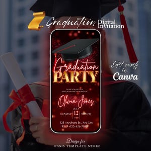 Red Graduation Invitation 2025, Editable Digital Grad Party Template, Modern Announcement, Digital College Evite, Class of 2025 Card Design