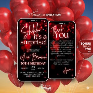 Digital Animated Surprise Invitation for Her, Red Sparkle Birthday Phone Invite, Smartphone Video Invitation, Instant Download DIY